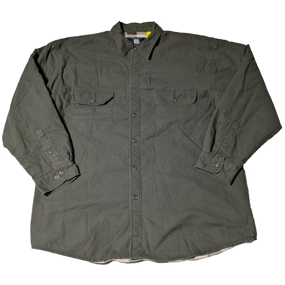 VTG WORLD ISLAND OUTDOORS SHACKET Men XL Green Flannel Lined Shirt Jacket‎